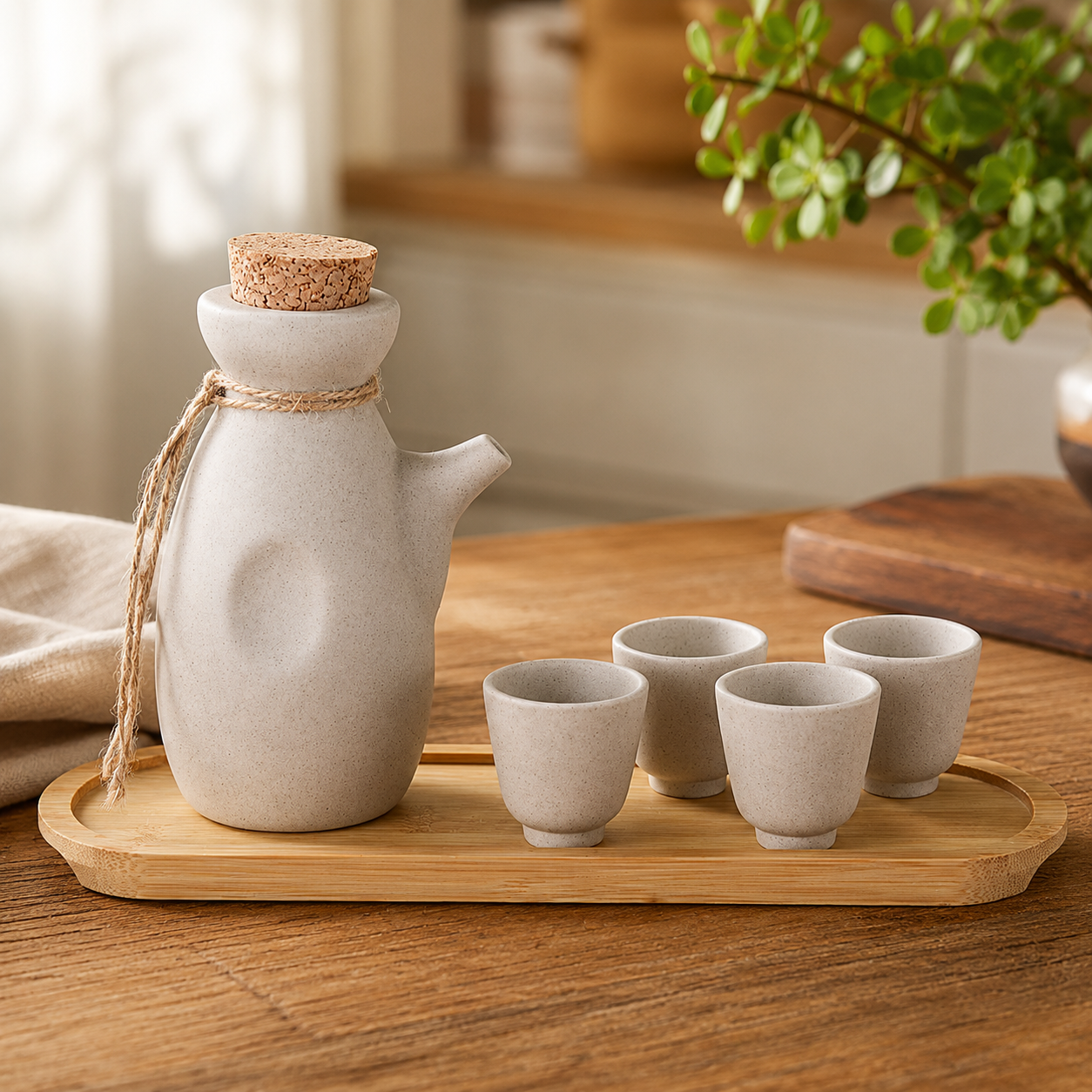 Ceramic Sake Set with 4 Cups & Bamboo Tray