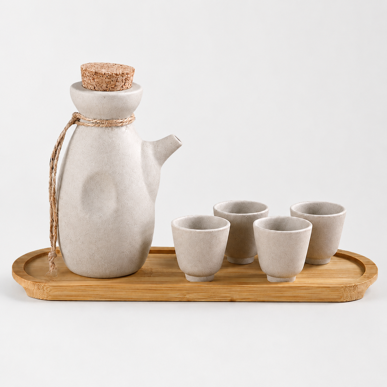 Ceramic Sake Set with 4 Cups & Bamboo Tray